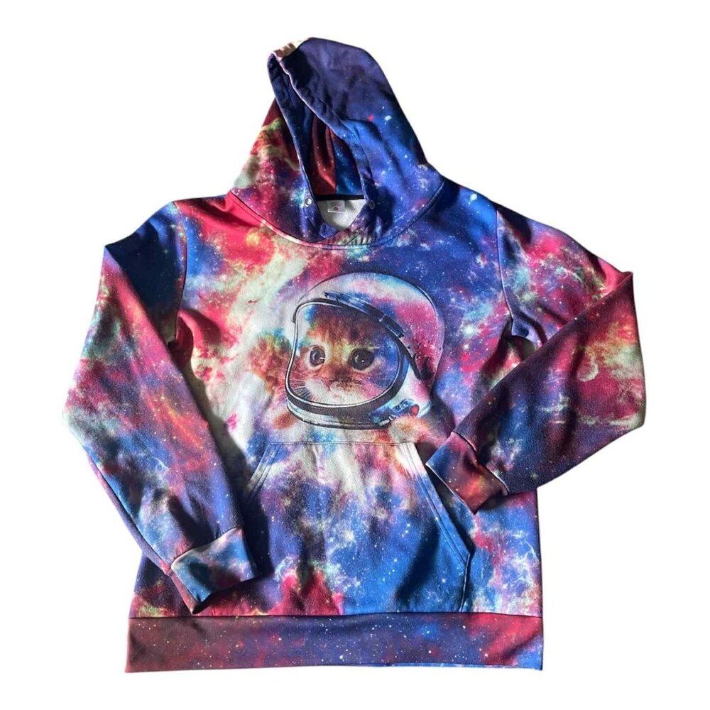 Galaxy Cat Hoodie Mens Medium‎ Space Astronaut Pullover Hooded Sweatshirt